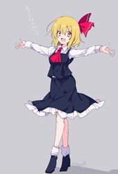  artist_name ascot bad_id bad_pixiv_id black_footwear black_skirt blonde_hair blouse bow female frilled_skirt frills grey_background hair_ribbon hairbow hands_up is_that_so long_sleeves messy_hair oerba_yun_fang outstretched_arms red_ascot red_bow red_eyes red_ribbon ribbon rumia shirt short_hair skirt solo spread_arms touhou translated vest white_legwear white_shirt wing_collar yukimiya_(parupunta) 