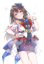  bare_shoulders bow bowtie brown_hair buttons crescent crescent_pin earrings eyebrows_hidden_by_hair female green_eyes hand_on_own_hip hat idolmaster idolmaster_cinderella_girls idolmaster_poplinks jacket jewelry long_hair looking_at_viewer satou_satoru shibuya_rin simple_background smile solo star_(symbol) white_background wrist_cuffs 