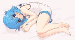  absurdres aoi_tori bare_arms bare_legs bare_shoulders barefoot blue_bow blue_eyes blue_hair blush blush_stickers bow commentary double-parted_bangs dress feet female hair_between_eyes highres legs looking_at_viewer lying medium_hair oerba_yun_fang on_side original shadow sidelocks simple_background skin_fang sleeveless solo teru-chan_(aoi_tori) toes white_background white_dress 