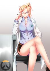  adjusting_eyewear black_skirt blonde_hair blue_eyes blue_shirt blush breast_pocket breasts button_gap buttons chair cleavage closed_mouth coat crossed_legs desk doctor dress_shirt feet_out_of_frame female glasses hair_tie highres holding holding_pencil id_card labcoat large_breasts long_hair long_sleeves looking_at_viewer megatama mercy_(overwatch) miniskirt office_chair open_clothes open_coat overwatch overwatch_(logo) pencil pocket ponytail red-framed_eyewear semi-rimless_eyewear shirt side_slit sitting skirt smile solo white_coat 