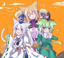  3girls animal_ears animal_hands aqua_eyes bad_id bad_pixiv_id bare_shoulders belt black_bow black_headwear black_ribbon blue_headwear blush bow brown_hair cat_ears cat_paws cat_tail collar crescent_moon dress earmuffs english_text gloves green_bow green_dress green_hair grey_eyes grey_hair hands_up happy_halloween hat japanese_clothes kariginu long_sleeves mononobe_no_futo moon multiple_girls neck_ribbon ofuda ofuda_on_clothes orange_background pointy_hair pom_pom_(clothes) ponytail purple_ribbon purple_skirt red_bow ribbon shirt shy skirt sleeveless sleeveless_shirt smile soga_no_tojiko sweatdrop tail tate_eboshi touhou toyosatomimi_no_miko translated white_bow white_hair wide_sleeves yukimiya_(parupunta) 