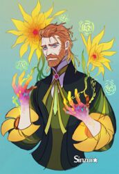  1boy artist_name beard blue_eyes brown_hair cosplay cropped_torso facial_hair fate/grand_order fate_(series) flower gradient_background hair_slicked_back looking_at_viewer male_focus mature_male medium_hair parody plant puffy_sleeves real_life shinzui_(fantasysky7) solo sunflower van_gogh_(fate) van_gogh_(fate)_(cosplay) vincent_van_gogh_(person) yellow_flower 