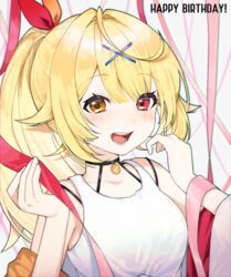  black_choker blonde_hair blush breasts brown_eyes choker collarbone female hair_ribbon happy_birthday heterochromia highres hoshikawa_sara hoshikawa_sara_(1st_costume) long_hair medium_breasts nijisanji off_shoulder open_mouth ponytail red_eyes ribbon shirt smile so_nagi_(artist) solo tank_top tied_shirt virtual_youtuber white_tank_top 