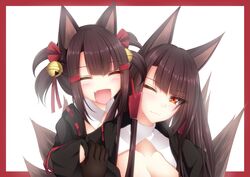  2girls ;) akagi-chan_(azur_lane) akagi_(azur_lane) animal_ears azur_lane bell black_gloves black_kimono blush border breasts brown_hair cleavage closed_eyes commentary_request dual_persona fox_ears fox_girl fox_tail gloves grabbing grabbing_from_behind hair_bell hair_between_eyes hair_ornament hair_ribbon happy highres japanese_clothes kimono kitsune long_hair momijizuki_luna multiple_girls multiple_tails oerba_yun_fang one_eye_closed open_mouth red_border red_eyes red_ribbon ribbon short_hair smile tail upper_body 