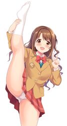  :d bow bowtie brown_hair dekosuke female highres idolmaster idolmaster_cinderella_girls jacket kneehighs long_hair looking_at_viewer miniskirt no_shoes open_mouth panties pantyshot plaid plaid_skirt school_uniform shimamura_uzuki skirt smile socks split standing standing_on_one_leg standing_split sweater_vest thick_thighs thighs underwear v white_panties 