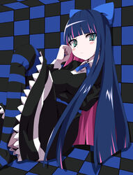  aqua_eyes bangs black_dress black_legwear blue_bow blue_hair blue_legwear blue_neckwear blush bow breasts checkered checkered_background closed_mouth dress gothic_lolita hairbow highres kou89 lolita_fashion long_hair medium_breasts multicolored_hair pale_skin panty_&amp;_stocking_with_garterbelt pink_hair stocking_(psg) 