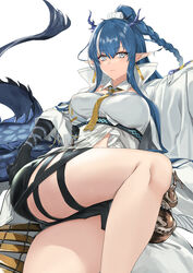  arknights black_shorts blazingchaos blue_eyes blue_hair braid braided_ponytail breasts coat crossed_legs detached_collar dragon_girl dragon_horns dragon_tail earrings female highres horns jewelry large_breasts ling_(arknights) long_hair looking_at_viewer necktie open_clothes open_coat pointy_ears shirt short_shorts shorts simple_background smile solo strapless strapless_shirt tail thigh_strap thighs underbust very_long_hair white_background white_coat white_shirt yellow_necktie 