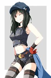  belt_chain bike_shorts bike_shorts_under_shorts black_hair blue_sash cabbie_hat crescent_belt_buckle denim denim_shirt denim_shorts female final_fantasy final_fantasy_vii final_fantasy_vii_remake gloves hand_on_own_hip hat highres kyrie_canaan looking_at_viewer nanao_(zonzonsh) navel one_eye_closed red_gloves sash shorts smile solo stomach striped_clothes striped_thighhighs thighhighs 