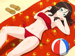  absurdres ada_badguy ball beach beach_towel beachball bikini black_hair blue_eyes breasts commentary_request female girls_und_panzer hands_up has_bad_revision has_downscaled_revision highres large_breasts long_hair looking_at_viewer lying md5_mismatch navel nonna_(girls_und_panzer) on_back parted_lips red_bikini red_towel resolution_mismatch sand sandals solo source_smaller star_(symbol) star_print stomach swimsuit thighs towel underboob unworn_sandals 