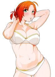  41_(taskmaster41) arms_behind_head blush boudica_(fate) bra breasts cleavage commentary_request contrapposto cowboy_shot duplicate fate/grand_order fate_(series) female green_eyes hair_tie hair_tie_in_mouth highres large_breasts looking_at_viewer mouth_hold navel panties pixel-perfect_duplicate red_hair short_ponytail simple_background solo stomach tying_hair underwear underwear_only white_background white_bra white_panties 