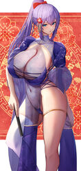  absurdres arm_behind_back blue_eyes bow breasts china_dress chinese_clothes cleavage commentary_request commission dress female hair_ornament hairbow highres holding huge_breasts long_hair navel original ponytail purple_hair red_bow see-through short_sleeves single_thighhigh skeb_commission solo thighhighs thighlet thighs tiri_man white_thighhighs 