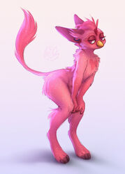  2021 anthro arm_tuft artist_logo beak butt_tuft chest_tuft dated ear_piercing femboy fur furby furby_(species) gauged_ear hair hi_res leg_tuft logo lostgoose male narrowed_eyes piercing pink_body pink_ears pink_eyes pink_fur pink_hair pink_inner_ear pink_tail pose shoulder_tuft simple_background solo standing tail tuft white_background yellow_beak 