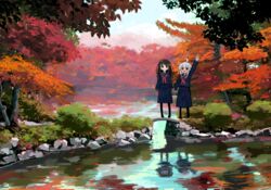  2girls :d :o ahoge akichi_mashiro arm_up autumn autumn_leaves black_eyes black_hair black_legwear blue_sailor_collar blue_serafuku blue_shirt blue_skirt blush commentary_request day grey_hair hair_ornament hairclip highres holding_hands kibisake leaf loafers long_hair long_sleeves maple_leaf multiple_girls neckerchief open_mouth original outdoors pantyhose parted_lips pleated_skirt pointing red_eyes red_neckerchief reflection sailor_collar school_uniform serafuku shirt shoes skirt smile thick_eyebrows torii_koyomi tree water 