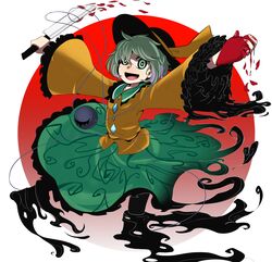  blood bow bright_pupils epic_armageddon female fog green_eyes hat hat_bow heart_(organ) highres holding holding_weapon knife komeiji_koishi looking_at_viewer no_feet petals shadow shirt smile third_eye touhou weapon white_pupils yellow_shirt 