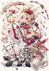  adapted_costume ahoge alice_in_wonderland alternate_costume animal_ears asymmetrical_legwear black_footwear bow bowtie brown_gloves cabbie_hat card checkered_floor clover_print coco7 commentary cosplay crown cup dodoco_(genshin_impact) english_text fake_animal_ears female finger_to_mouth flower fork frills full_body genshin_impact gloves hair_between_eyes hat hat_bow hat_feather hat_ornament hat_ribbon high_heels index_finger_raised jumpy_dumpty key klee_(genshin_impact) light_brown_hair long_hair long_sleeves looking_at_viewer low_twintails mismatched_legwear orange_eyes petals playing_card pocket_watch pointing pointing_at_self puffy_long_sleeves puffy_sleeves rabbit_ears red_flower red_hat red_rose ribbon rose sidelocks solo standing stuffed_animal stuffed_toy symbol-only_commentary tea teacup teapot twintails watch white_rabbit_(alice_in_wonderland) white_rabbit_(alice_in_wonderland)_(cosplay) 