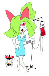  braixen clothing duo female generation_3_pokemon generation_6_pokemon green_hair hair hat headgear headwear hi_res hospital_gown humanoid intravenous kirlia looking_at_viewer nintendo pokemon pokemon_(species) ponporio_(artist) question_mark red_eyes simple_background vehicle wheelchair white_background witch_hat 