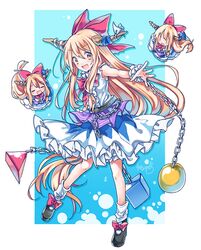  3girls artist_name bad_id bad_pixiv_id ball_and_chain_restraint black_footwear blue_bow blue_skirt blush bow bowtie brown_eyes chains cube cuffs footwear_bow frills hairbow horn_bow horn_ornament horn_ribbon horns ibuki_suika long_hair multiple_girls oni orange_hair outstretched_arm pyramid_(geometry) red_bow red_bowtie ribbon shackles shirt shoes single_horn skirt sleeveless sleeveless_shirt smile torn_clothes torn_sleeves touhou white_bow white_legwear white_shirt wrist_cuffs yukimiya_(parupunta) 