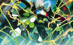  creature fukuda_masakazu full_body gen_7_pokemon legendary_pokemon looking_at_viewer no_humans official_art open_arms pokemon pokemon_(creature) pokemon_trading_card_game solo standing zygarde zygarde_(complete) 