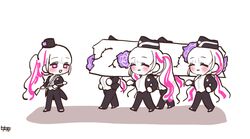  556_(rzrv7332) 5girls blush chibi coffin dancing_pallbearers_(meme) eternity_(last_origin) formal full_body garrison_cap hat heart heart-shaped_pupils korean_commentary last_origin meme mini_hat mini_top_hat multicolored_hair multiple_girls multiple_persona necktie purple_hair simple_background smile suit symbol-shaped_pupils top_hat twintails two-tone_hair white_background white_hair 