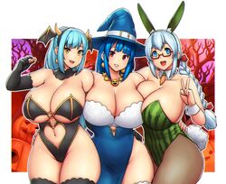  3girls animal_ears black_gloves black_legwear blue_eyes breasts curvy demon_girl demon_horns elbow_gloves erkaz fake_animal_ears fake_horns fake_wings gloves green_leotard halloween halloween_costume hat head_wings highres horns huge_breasts inchou_(kaitsu_tokiyas) jack-o&#039;-lantern leotard lips medium_hair multiple_girls oerba_yun_fang original pantyhose ponytail pumpkin rabbit_ears ran_(kaitofuuma) red_eyes revealing_clothes rina_atherina watashi_no_inchou_desu!! wings witch witch_hat yellow_eyes 