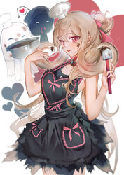  absurdres alternate_costume black_dress blonde_hair bow chef_hat chocolate chocolate_on_face dress female food food_on_face ghost hair_behind_ear hairbow hat heart highres holding long_hair nattsume_(natttsume) nijisanji nijisanji_en pink_bow pink_eyes poppi_(reimu_endou) reimu_endou smile solo speech_bubble spoken_heart tongue tongue_out very_long_hair virtual_youtuber 