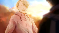  2boys ^_^ bad_id bad_pixiv_id blue_sky blurry blurry_foreground closed_eyes cloud depth_of_field grey_hair hair_over_one_eye highres jacket katsuki_yuuri male_focus multiple_boys open_mouth sky smile solo_focus takeshi_(mononohu20) track_jacket viktor_nikiforov yuri!!!_on_ice 