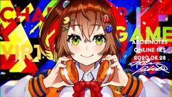  bow bowtie brown_hair closed_mouth collared_shirt commentary_request crossed_bangs denonbu female green_eyes hair_ornament hairclip headphones headphones_around_neck hidaka_reina_(denonbu) long_sleeves looking_at_viewer mika_pikazo one_side_up red_bow red_bowtie shirt short_hair smile solo white_shirt wing_collar 