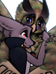  2020 3:4 absurd_res anthro avian avk beak bird blue_eyes camo cape cloak clothing digital_media_(artwork) digital_painting_(artwork) dog_tags dragon eye_contact eyebrows feathers female fur furred_dragon furred_scalie fuzzledfur hand_on_neck hi_res hug looking_at_another male markings mazuf mythological_creature mythological_scalie mythology owl red_eyes scalie shaded simple_shading smaller_version_at_source smile wingless_dragon wings 