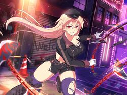  alley animal_ears arrow_(symbol) belt belt_pouch blonde_hair blush boots breasts brown_belt brown_footwear building chain-link_fence chain_whip chains city cleavage commentary cross-laced_footwear door english_commentary female fence front_slit gloves graffiti hair_between_eyes hat hebijo_academy_uniform holding holding_weapon holding_whip industrial_pipe infinity_symbol lamppost large_breasts light_particles long_hair long_sleeves looking_at_viewer midriff miniskirt motion_blur motion_lines neon_lights ninto_(senran_kagura) official_alternate_costume official_art outdoors poster_(object) pouch purple_thighhighs rabbit rabbit_ears red_eyes road senran_kagura senran_kagura_new_link senran_kagura_new_wave shiny_skin sigh skirt smile smirk snake solo souji_(senran_kagura) sparkle spiked_chain street thigh_boots thighhighs thighhighs_under_boots third-party_source torn_clothes torn_thighhighs traffic_cone weapon whip white_gloves window yaegashi_nan zettai_ryouiki 