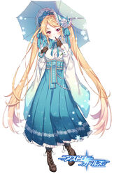  astro_and_girls bad_id bad_pixiv_id blonde_hair blue_bow blue_hat blue_skirt blue_umbrella blush bonnet boots bow brown_footwear brown_gloves buttoned_cuffs buttons closed_mouth commentary_request copyright_name cross-laced_footwear female floral_print flower frilled_skirt frills full_body fur_collar gloves half_gloves hat hat_flower high-waist_skirt highres holding holding_umbrella kathy_(astro_and_girls) lace-up_boots long_hair long_skirt long_sleeves looking_at_viewer manle official_art pleated_skirt print_umbrella rose shirt simple_background skirt smile solo standing standing_on_one_leg twintails umbrella very_long_hair watermark white_background white_flower white_rose white_shirt wide_sleeves 