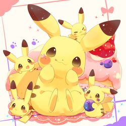  :&lt; :3 brown_eyes closed_eyes closed_mouth commentary_request food fruit head_tilt highres holding looking_at_viewer no_humans pikachu pokemon pokemon_(creature) sitting smile sparkle strawberry ushiina yellow_fur 