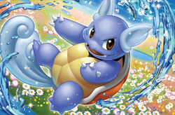  brown_eyes claws creature flower full_body gen_1_pokemon no_humans official_art pokemon pokemon_(creature) pokemon_trading_card_game shell smirk solo tsutsui_misa turtle wartortle water 