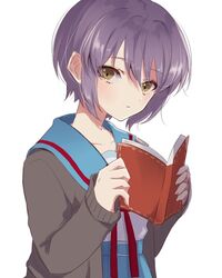  belt blue_sailor_collar blue_skirt blush book brown_cardigan brown_eyes cardigan collarbone commentary_request expressionless female hair_between_eyes holding holding_book kita_high_school_uniform long_sleeves looking_at_viewer nagato_yuki open_book open_cardigan open_clothes purple_hair reading red_ribbon ribbon sailor_collar school_uniform serafuku short_hair simple_background skirt solo suzumiya_haruhi_no_yuuutsu tomoshibi_(rokugatsu) upper_body white_background winter_uniform 