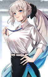  absurdres black_bow black_skirt blue_eyes blush bow braid breasts collared_shirt dress_shirt fate/grand_order fate_(series) female grey_hair hairbow half_up_braid highres large_breasts long_hair long_sleeves looking_at_viewer morgan_le_fay_(chaldea_satellite_station)_(fate) morgan_le_fay_(fate) office_lady pencil_skirt ponytail shirt sidelocks skirt smile solo thighs very_long_hair white_shirt yoshimoto_(carpsukidayo) 