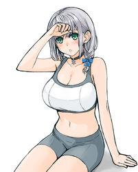  alternate_costume bike_shorts black_choker blue_bow bow braid breasts choker cleavage collarbone commentary_request female green_eyes grey_hair grey_shorts hair_behind_ear hairbow highres hololive jewelry large_breasts medium_hair midriff navel open_mouth ring sazare_(sazare_az) shirogane_noel shorts sitting solo sports_bra virtual_youtuber wavy_hair wedding_ring white_background wiping_forehead 