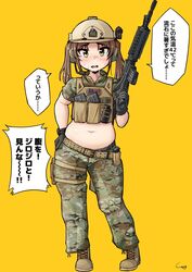  american_flag assault_rifle belt black_gloves blush boots brown_hair camouflage camouflage_pants character_request commentary_request copyright_request dot_nose explosive female full_body gloves grenade gun hand_on_own_hip headphones headset helmet highres holding holding_gun holding_weapon looking_at_viewer m4_carbine magazine_(weapon) medium_hair microphone midriff muffin_top navel open_mouth pants plump rifle shigekikkusu short_sleeves sidelocks signature solo speech_bubble standing sweat thick_arms translation_request tsurime twintails utility_belt weapon yellow_background yellow_eyes 