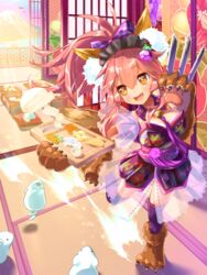  animal_ear_fluff animal_ears animal_hands apron bell bow breasts cat_paws cheese collar commentary_request fangs fate/grand_order fate_(series) female food fox_ears fox_girl fox_tail gloves hair_ornament hairbow hellnyaa highres indoors japanese_clothes jingle_bell kimono knife large_breasts long_hair looking_away looking_to_the_side mountain neck_bell open_mouth paw_gloves paw_shoes pink_hair ponytail shoes solo tail tamamo_(fate) tamamo_cat_(fate) tassel yellow_eyes 