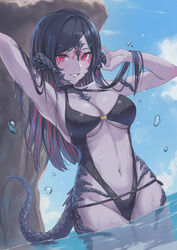  absurdres armpits arms_up au_ra black_hair black_one-piece_swimsuit blue_sky breasts casual_one-piece_swimsuit cleavage clothing_cutout cloud colored_skin commentary commission day dragon_girl dragon_horns dragon_tail dutch_angle enporion facial_mark female final_fantasy final_fantasy_xiv grey_skin highres horns large_breasts looking_at_viewer multicolored_hair navel ocean one-piece_swimsuit original outdoors pink_eyes red_hair scales skeb_commission sky smile solo stomach stomach_cutout streaked_hair swimsuit tail teeth two-tone_hair underboob wading warrior_of_light_(ff14) water 