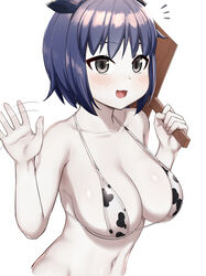  absurdres animal_ears animal_print bikini black_eyes blue_hair blush breasts cleavage colored_skin commentary_request cookie_(touhou) cow_ears cow_print cow_print_bikini cowboy_shot cropped_torso female highres holding holding_sign large_breasts looking_at_viewer md5_mismatch milk_(cookie) murasa_minamitsu navel notice_lines open_mouth print_bikini resolution_mismatch short_hair sign simple_background sinzen smile solo source_larger swimsuit touhou waving white_background white_skin 