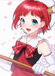  absurdres asahina_akane_(nijisanji) beret blue_eyes bow elbow_gloves female flat_chest gloves hat highres holding holding_staff looking_at_viewer nijisanji oerba_yun_fang open_mouth red_bow red_hair sailor_collar short_hair smile so_nagi_(artist) solo staff virtual_youtuber white_gloves white_hat 