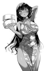  blush breasts china_dress chinese_clothes cleavage cleavage_cutout clothing_cutout covered_navel cropped_legs dark_skin dress female floral_print food greyscale hand_in_own_hair highres holding holding_food large_breasts long_hair looking_at_viewer monochrome original parted_lips pelvic_curtain print_dress simple_background sleeveless sleeveless_dress solo tan thighs white_background yuu_(kfc) 