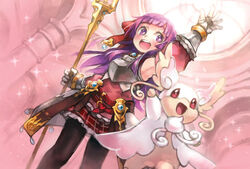  :d arianna_caledonia arm_up armor armpits audino belt black_legwear blunt_bangs breastplate bright_pupils ezroseven female gauntlets holding holding_staff mega_audino mega_pokemon multiple_belts open_mouth pantyhose pokemon pokemon_(creature) purple_eyes purple_hair red_belt sekaiju_no_meikyuu shin_sekaiju_no_meikyuu_2 skirt smile staff white_pupils 