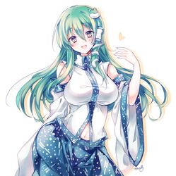  bad_id bad_pixiv_id bare_shoulders blue_skirt blush breasts brown_eyes detached_sleeves female frog_hair_ornament green_hair hair_ornament hair_tubes hand_up heart kochiya_sanae long_hair looking_at_viewer navel open_mouth shirt simple_background skirt sleeveless sleeveless_shirt smile snake_hair_ornament touhou white_background yukimiya_(parupunta) 