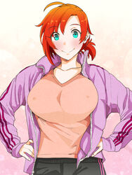  41_(taskmaster41) ahoge boudica_(fate) breasts collarbone commentary_request covered_nipples fate/grand_order fate_(series) female green_eyes hands_on_own_hips highres jacket large_breasts looking_at_viewer ponytail raised_eyebrows red_hair short_hair smile solo 