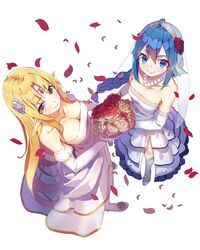  2girls ahoge animal_ears armpit_crease bare_shoulders blonde_hair blue_eyes blue_hair blush bouquet braid braided_ponytail breasts bridal_veil brown_eyes character_request circlet cleavage closed_mouth collarbone commentary_request dress earrings elbow_gloves elf endenburg_no_hanayome eyeliner fins flower frilled_dress frills from_above full_body garter_straps gloves hair_between_eyes hair_flower hair_ornament head_fins high_heels highres holding holding_bouquet jewelry large_breasts layered_dress long_hair looking_at_viewer looking_up makeup multiple_girls necklace novel_illustration official_art petals pointy_ears red_flower red_rose rose rose_petals side_slit sidelocks simple_background small_breasts smile standing strapless strapless_dress thighhighs veil very_long_hair wedding_dress white_background white_dress white_flower white_rose yasumo_(kuusouorbital) 