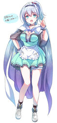  adapted_costume apron aqua_eyes botanzuru_(flower_knight_girl) breasts bridal_garter cape cleavage female flower_knight_girl full_body grey_hair hand_on_own_hip index_finger_raised large_breasts long_hair maid_headdress open_mouth ponytail satou_satoru scrunchie simple_background solo standing waist_apron white_background wrist_scrunchie 