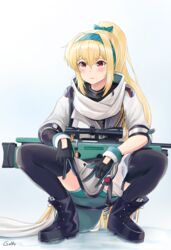  artist_name black_bodysuit blonde_hair bodysuit bolt_action boots bow female gamryous girls&#039;_frontline gloves green_hairband gun hairband hairbow highres jacket long_hair looking_at_viewer multicolored_clothes multicolored_gloves ponytail red_eyes rifle russian_flag scarf slav_squatting sniper_rifle solo squatting sv-98 sv-98_(girls&#039;_frontline) sv-98_(mod3)_(girls&#039;_frontline) thighhighs turtleneck v weapon white_jacket white_scarf 