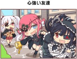  3girls animal_ears artist_request bag black_cloak black_hair black_jacket black_necktie black_ribbon blue_eyes blunt_bangs blunt_ends blush bow breasts brown_footwear brown_jacket building cat_ears chibi chinese_knot cloak cobblestone commentary day dress eating english_commentary eyepatch flat_chest floral_print food fried_squid frilled_dress frilled_shawl frilled_sleeves frills gothic_lolita grass grey_footwear hair_ornament hair_over_one_eye hairband hairbow hanzou_academy_uniform holding holding_food jacket kazakiri_(senran_kagura) kneehighs large_breasts loafers lolita_fashion lolita_hairband long_hair low_twintails miniskirt mirai_(senran_kagura) multiple_girls necktie oerba_yun_fang official_art open_mouth pink_hair pleated_skirt pulling pulling_another&#039;s_clothes red_eyes red_necktie red_skirt ribbon ribbon-trimmed_dress ribbon_trim school_bag school_uniform senran_kagura senran_kagura_new_link senran_kagura_shoujo-tachi_no_shin&#039;ei shawl shirt shoes short_hair short_twintails shuriken shuriken_hair_ornament skirt sky smile socks squid third-party_source tomoe_(symbol) translated twintails very_long_hair walking weapon white_bow white_hair white_shirt window yagyu_(senran_kagura) 