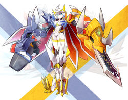  absurdres armor bingshan breasts cannon cape closed_mouth digimon digimon_adventure digimon_adventure:_bokura_no_war_game female full_body genderswap_(mtf) green_eyes helmet highres humanization leotard lightning_bolt_symbol looking_at_viewer mecha_musume medium_breasts omegamon red_cape rule_63 shoulder_armor shoulder_spikes solo spiked_boots spikes split_mouth standing sword weapon 