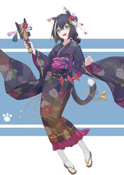  absurdres ame_(2453323719) animal_ear_fluff animal_ears black_hair black_kimono braid cat_ears cat_girl cat_tail female floral_print flower full_body green_eyes grey_hair hair_bun hair_flower hair_ornament happy highres holding japanese_clothes karyl_(new_year)_(princess_connect!) karyl_(princess_connect!) kimono long_sleeves multicolored_hair obi open_mouth princess_connect! print_kimono purple_flower sash single_hair_bun smile solo streaked_hair tail white_flower wide_sleeves 